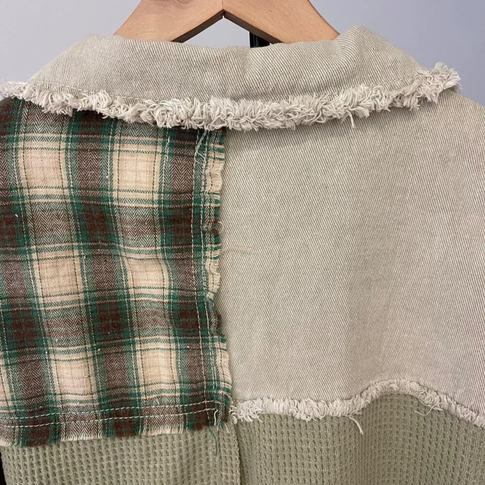 POL Women Boho Patchwork Shacket Jacket Size L Goblincore Cottagecore Grunge